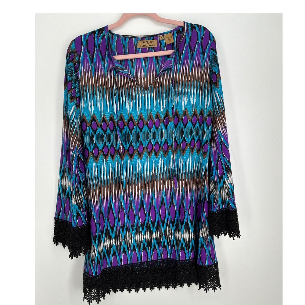 R Cinco Ranch Womens Purple Turquoise Ikat Print Lace Trim Tunic Top Size Medium